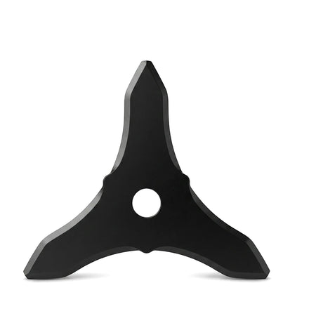 Black tri-star brush cutter blade with three sharp prongs and a central mounting hole, captured against a clean white