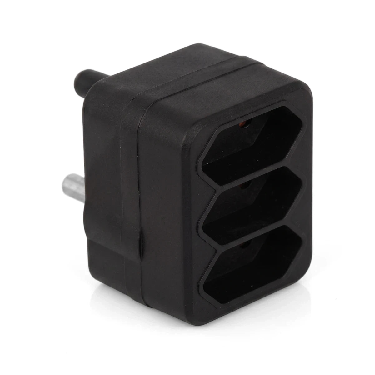 Black triple-port Euro plug adapter, featuring three hexagonal female outlets and a two-pin male plug for power conversion.