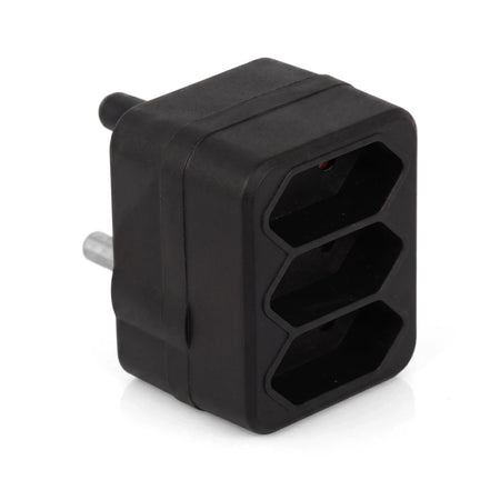 Black triple-port Euro plug adapter, featuring three hexagonal female outlets and a two-pin male plug for power conversion.