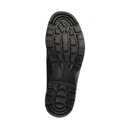 Bottom view of a black Urban Retro Vellie shoe sole, featuring a rugged, anti-slip tread pattern with the REBEL brand logo.