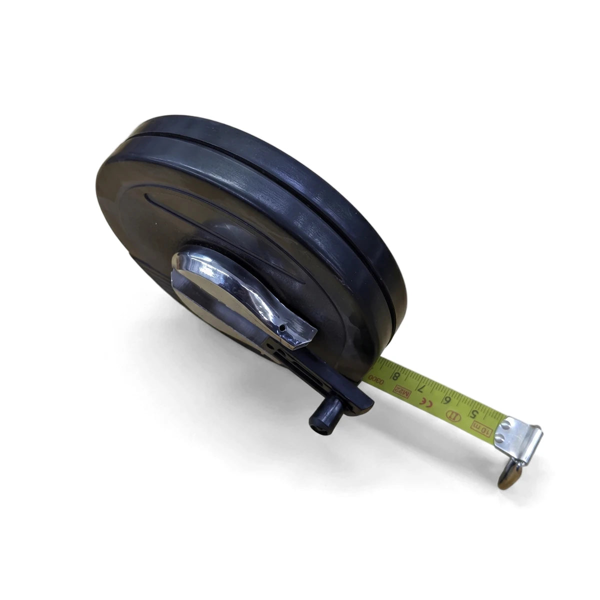 Black Webco 10M measuring tape with yellow extended tape and silver metal handle, angled on a white background.
