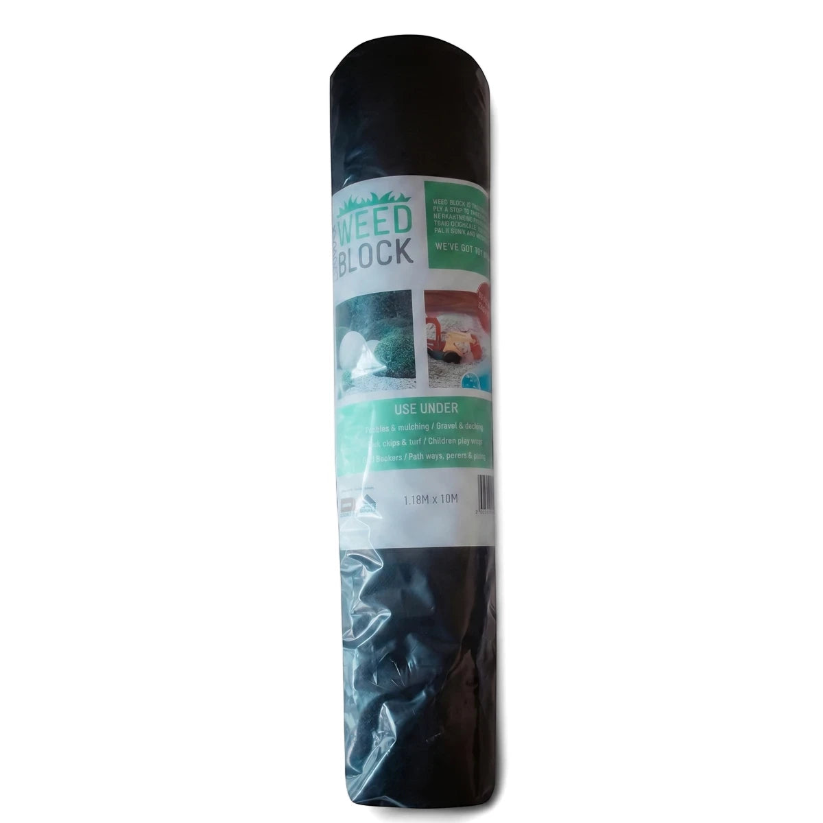 Black Weed Shield Fabric (70Gsm) roll in clear plastic packaging, featuring a white label with product details and usage