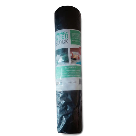 Black Weed Shield Fabric (70Gsm) roll in clear plastic packaging, featuring a white label with product details and usage