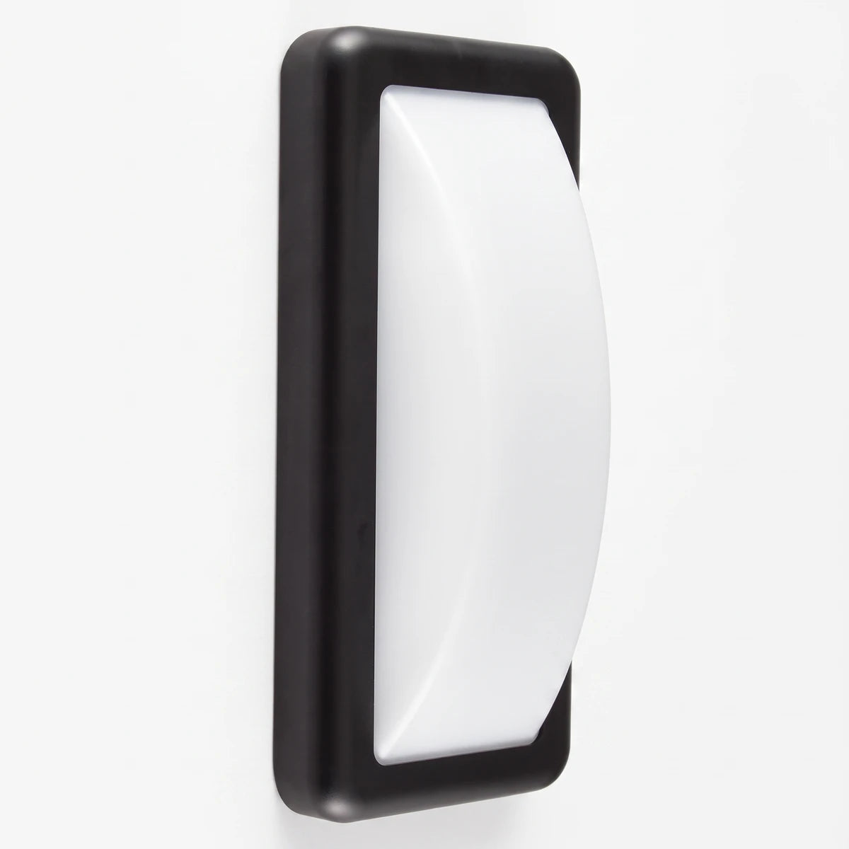 Black rectangular LED bulkhead light fitting with a white curved diffuser, shown from an angled perspective.