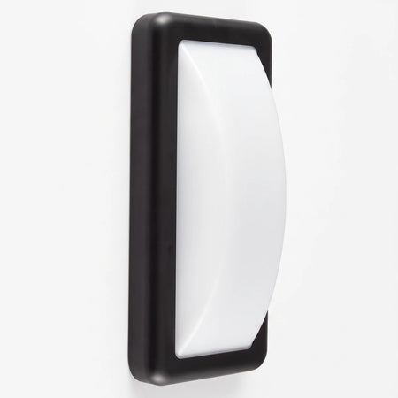 Black rectangular LED bulkhead light fitting with a white curved diffuser, shown from an angled perspective.