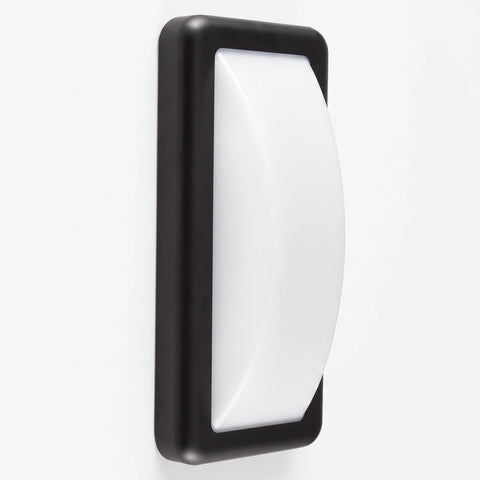 Black rectangular LED bulkhead light fitting with a white curved diffuser, shown from an angled perspective.