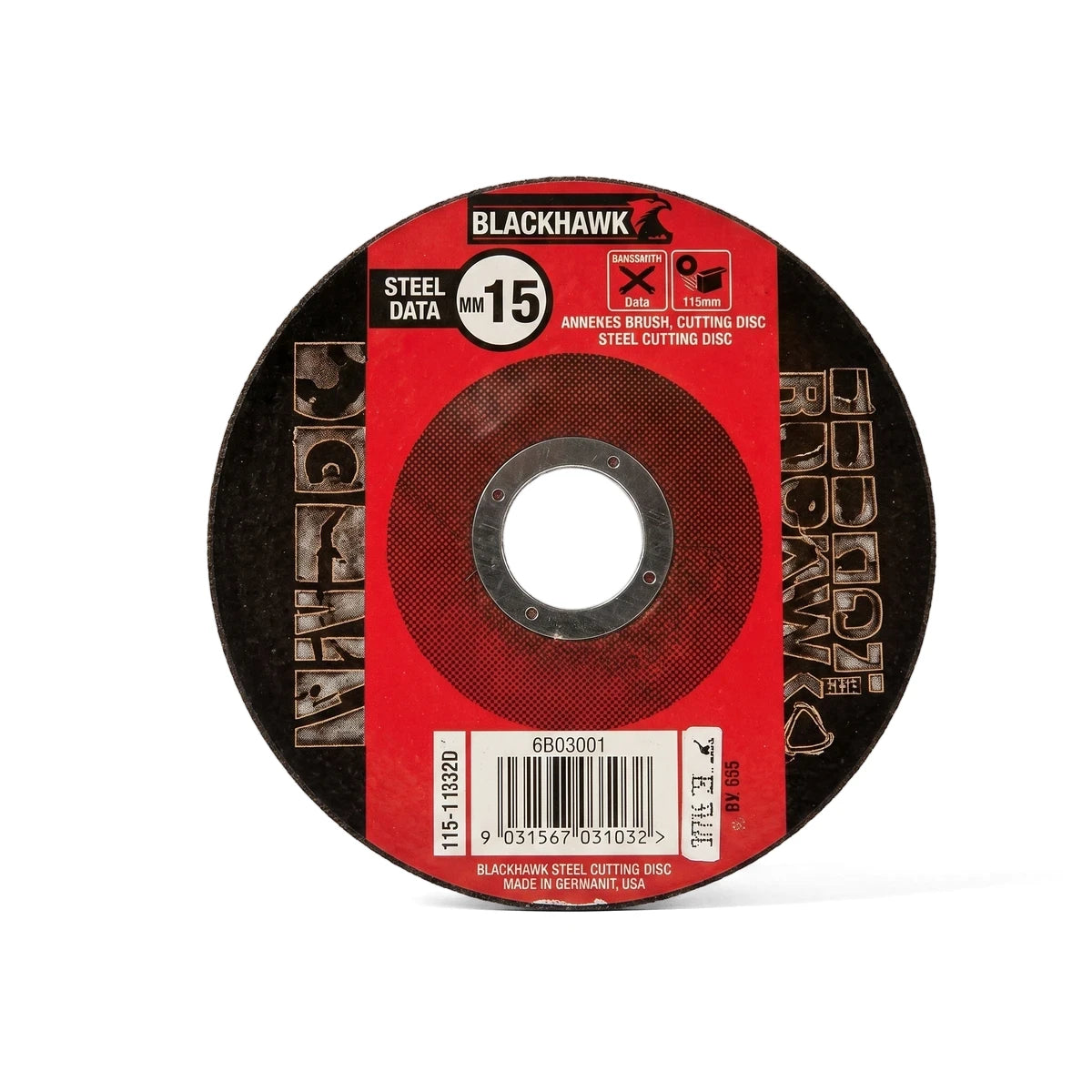 Red and black 115mm steel cutting disc from BLACKHAWK, designed for metal work, shown from a top-down view.