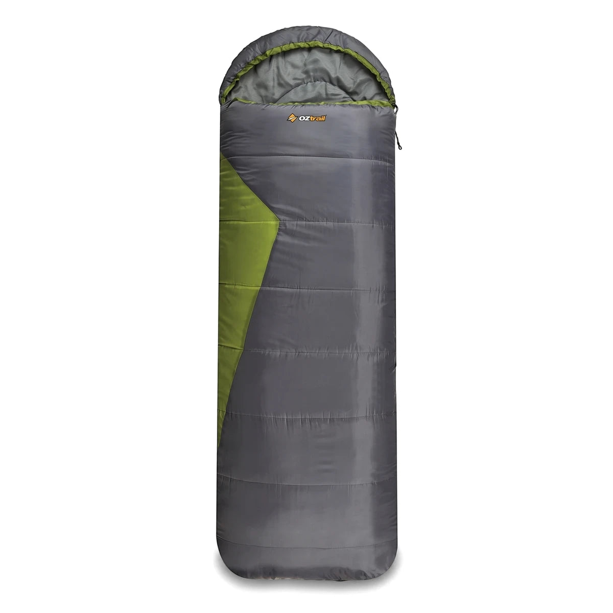 A gray and green Blaxland Jumbo Hooded Sleeping Bag from OZtrail, suitable for camping, presented vertically.