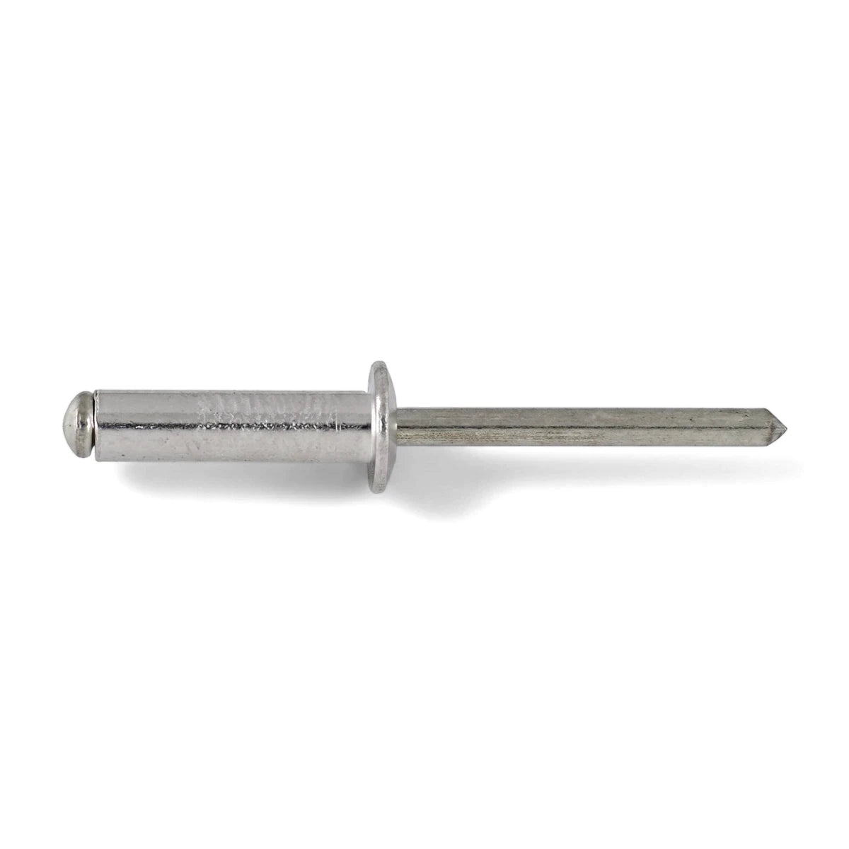 Silver metallic blind rivet, 4.0 x 10mm, with a rounded head and a long pin, viewed horizontally.