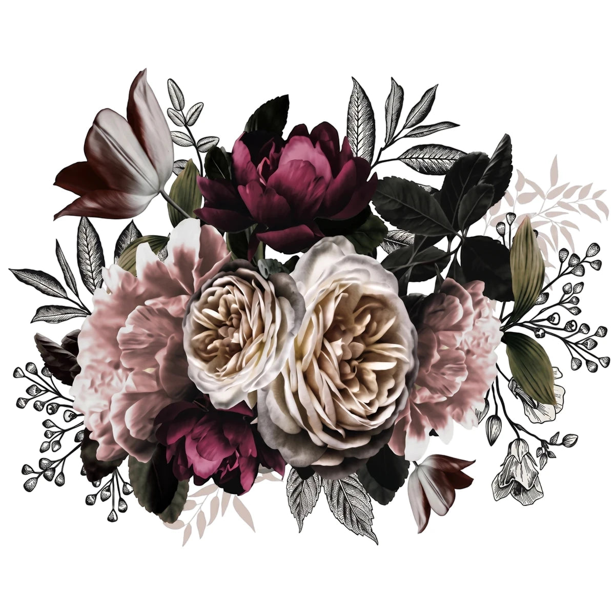 Vintage Blooming Blossoms Decoupage Sheet featuring an ornate floral bouquet with rich burgundy, pink, and cream flowers.