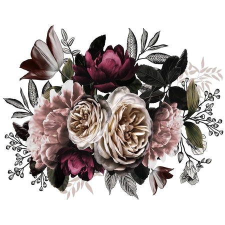Vintage Blooming Blossoms Decoupage Sheet featuring an ornate floral bouquet with rich burgundy, pink, and cream flowers.