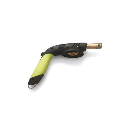 Black and neon yellow-green blow torch with a brass nozzle, shown angled on a white background.
