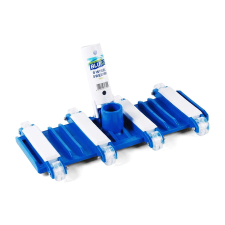 Blu52 8-Wheel Pool Sweeper Brush, 350mm, in blue and white, featuring eight clear wheels for efficient pool cleaning.