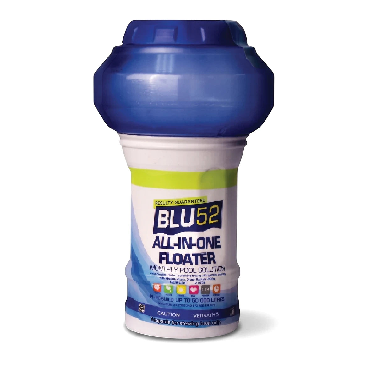 Blu52 All-In-One Floating Pool Dispenser, a blue and white plastic container designed for monthly pool solution.