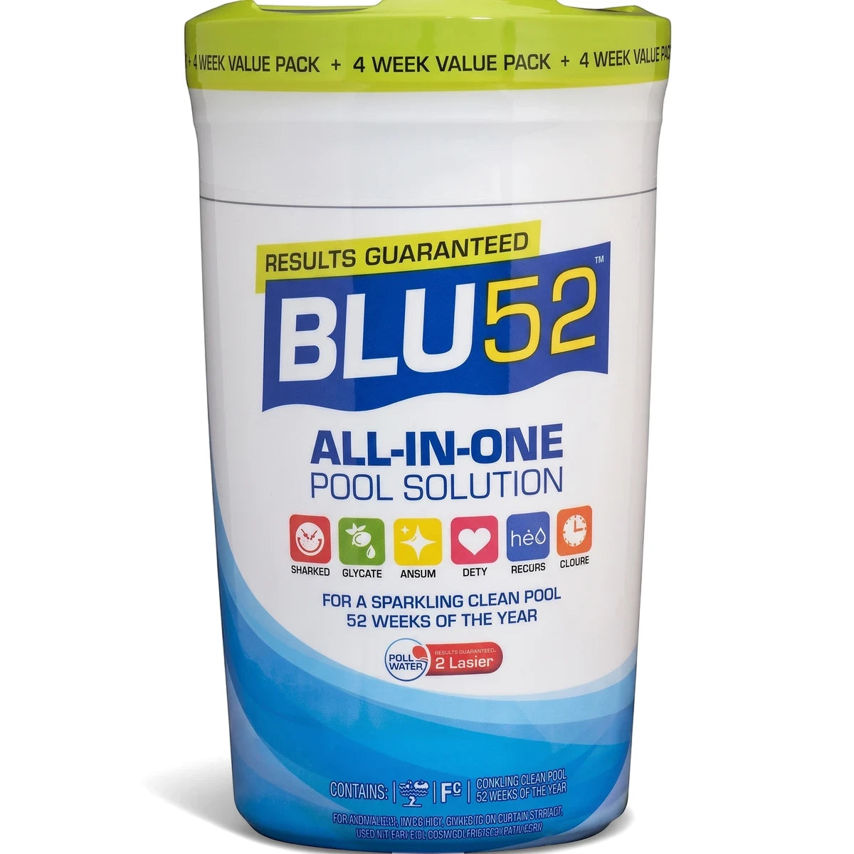 Blu52 All-In-One Pool Solution container in white, blue, yellow, and green, designed for clear pool water.