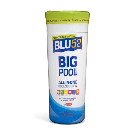 BLU52 BIG POOL All-In-One Pool Solution chemical container with a green cap and blue and white label for sparkling clean