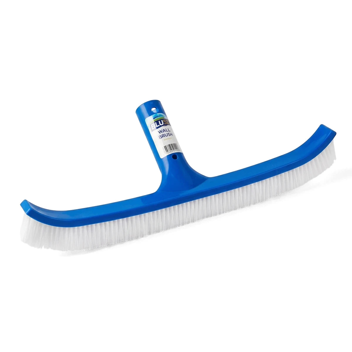 Blu52 Curved Pool Wall Brush, 450mm, featuring a bright blue body and dense white bristles, angled on a white background.
