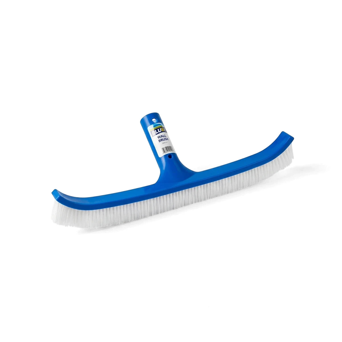 Blue Blu52 500mm curved pool wall brush with white bristles shown diagonally against a white background.