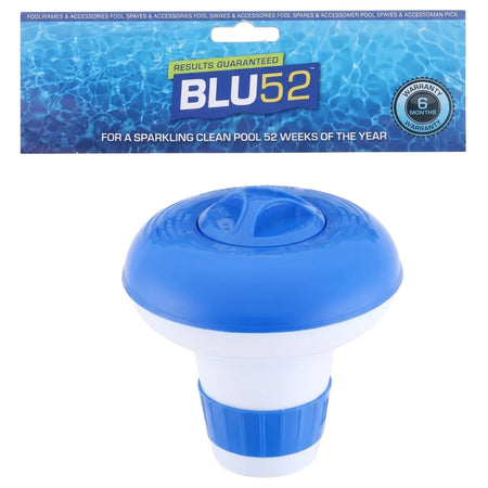 Blu52 Floating Spa Chlorine Dispenser with blue and white body, displayed alongside its blue and white retail packaging.