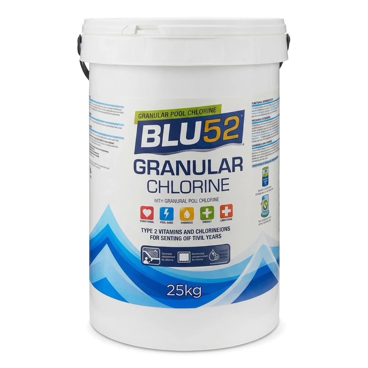 Blu52 Granular Pool Chlorine 25Kg in a white plastic bucket with a blue and white product label.
