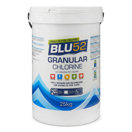 Blu52 Granular Pool Chlorine 25Kg in a white plastic bucket with a blue and white product label.