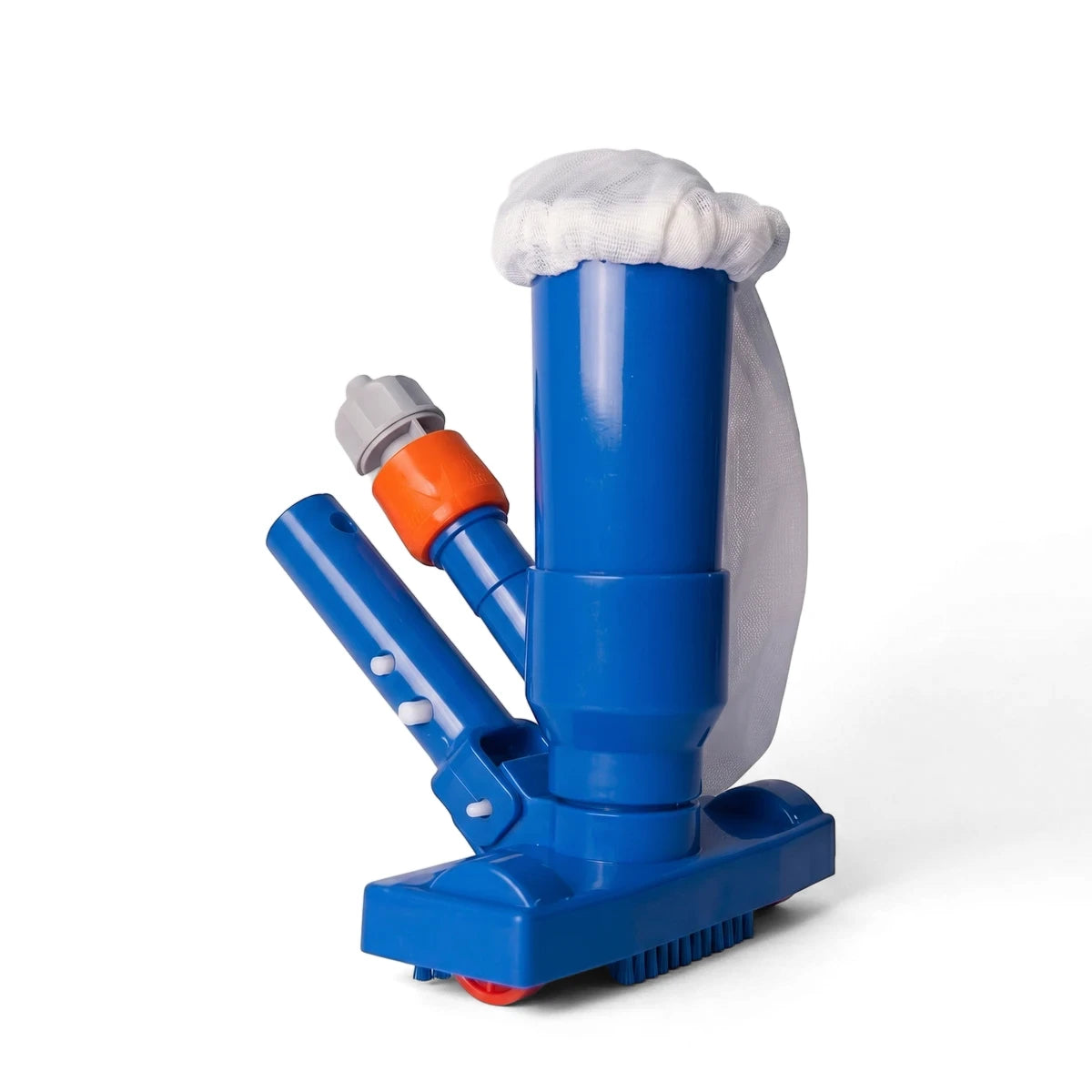 Blu52 manual pool vacuum cleaner, blue with a white mesh debris bag, orange and gray connectors, and red wheels.