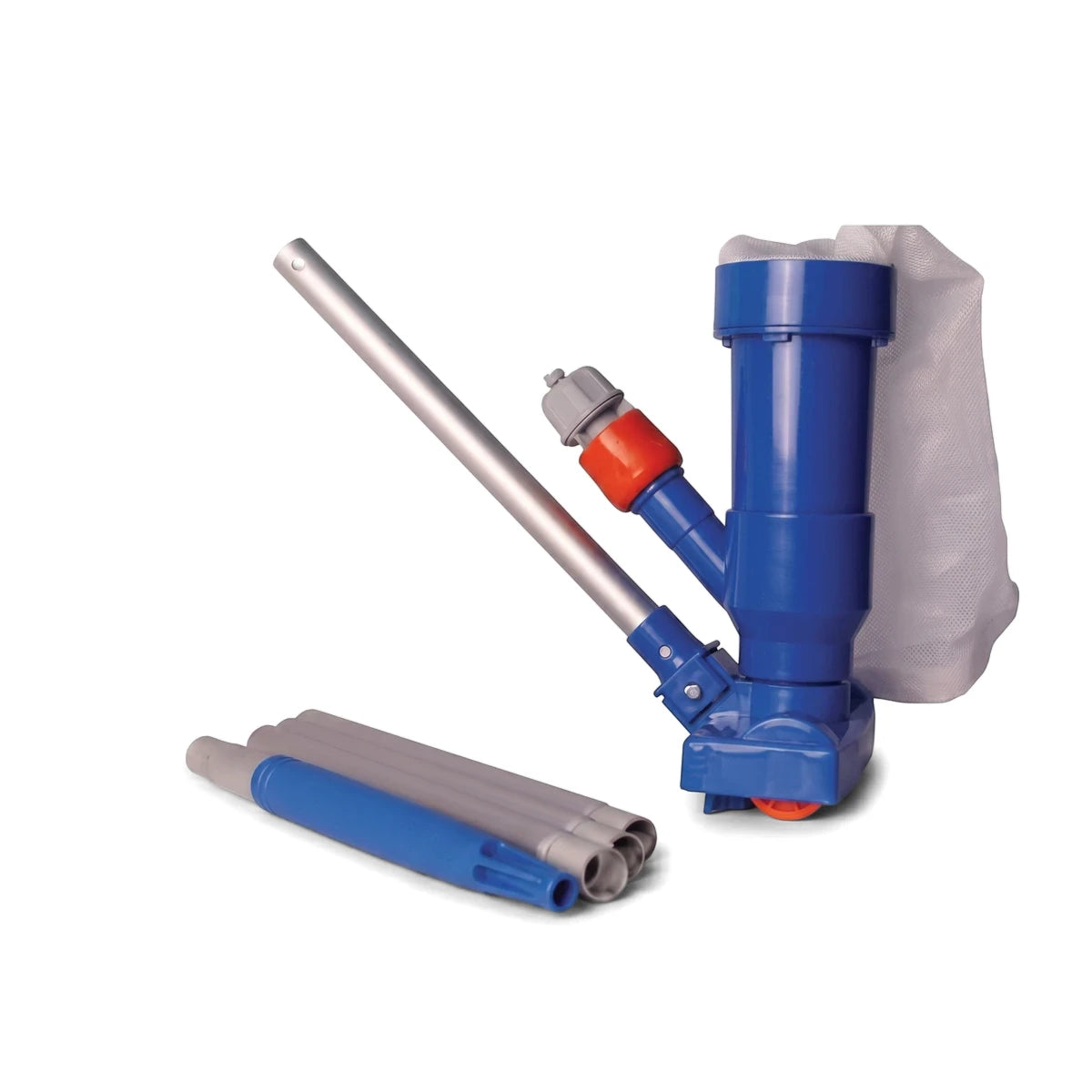 Blu52 Manual Pool Vacuum Cleaner Complete Set featuring a blue cleaner unit, silver pole, and mesh bag, ideal for portable