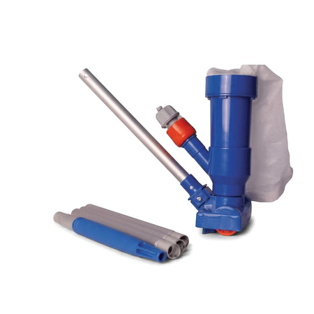 Blu52 Manual Pool Vacuum Cleaner Complete Set featuring a blue cleaner unit, silver pole, and mesh bag, ideal for portable