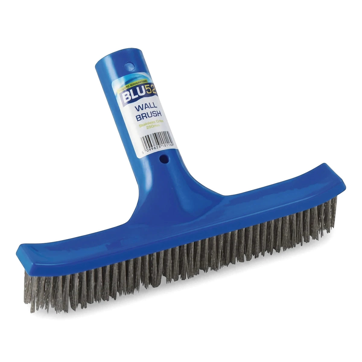 Blue Blu52 stainless steel algae pool wall brush with a wide head and grey bristles, angled on a white background.