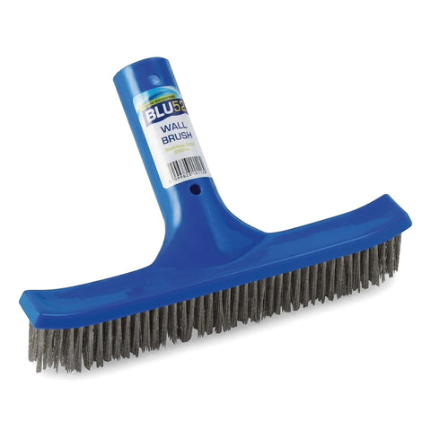 Blue Blu52 stainless steel algae pool wall brush with a wide head and grey bristles, angled on a white background.