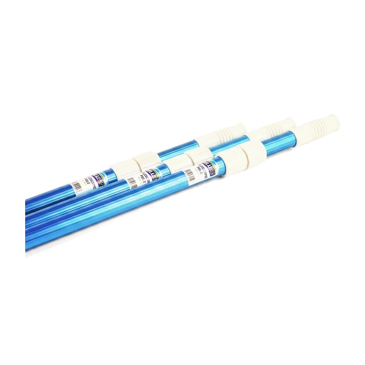Two blue Blu52 telescopic pool poles, each 2 x 2.4M, angled against a white background, used for pool cleaning.