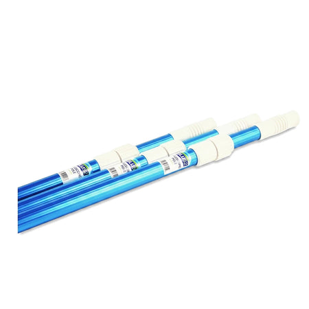Blu52 telescopic pool poles, bright blue with white handles and labels, angled diagonally on a white background.