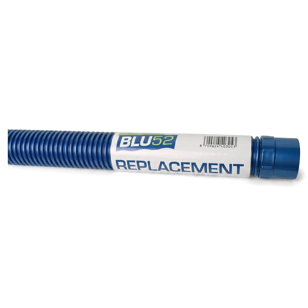 Blue corrugated Blu52 Unifit replacement pool hose with a white label and a blue connector.