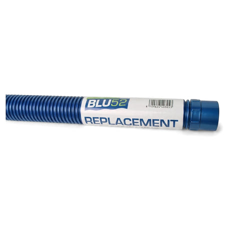 Blue corrugated Blu52 Unifit replacement pool hose with a white label and a blue connector.