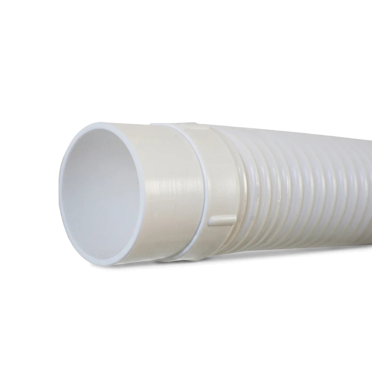 Close-up of a white Blu52 Unifit replacement pool hose with a corrugated design and smooth end, positioned horizontally.