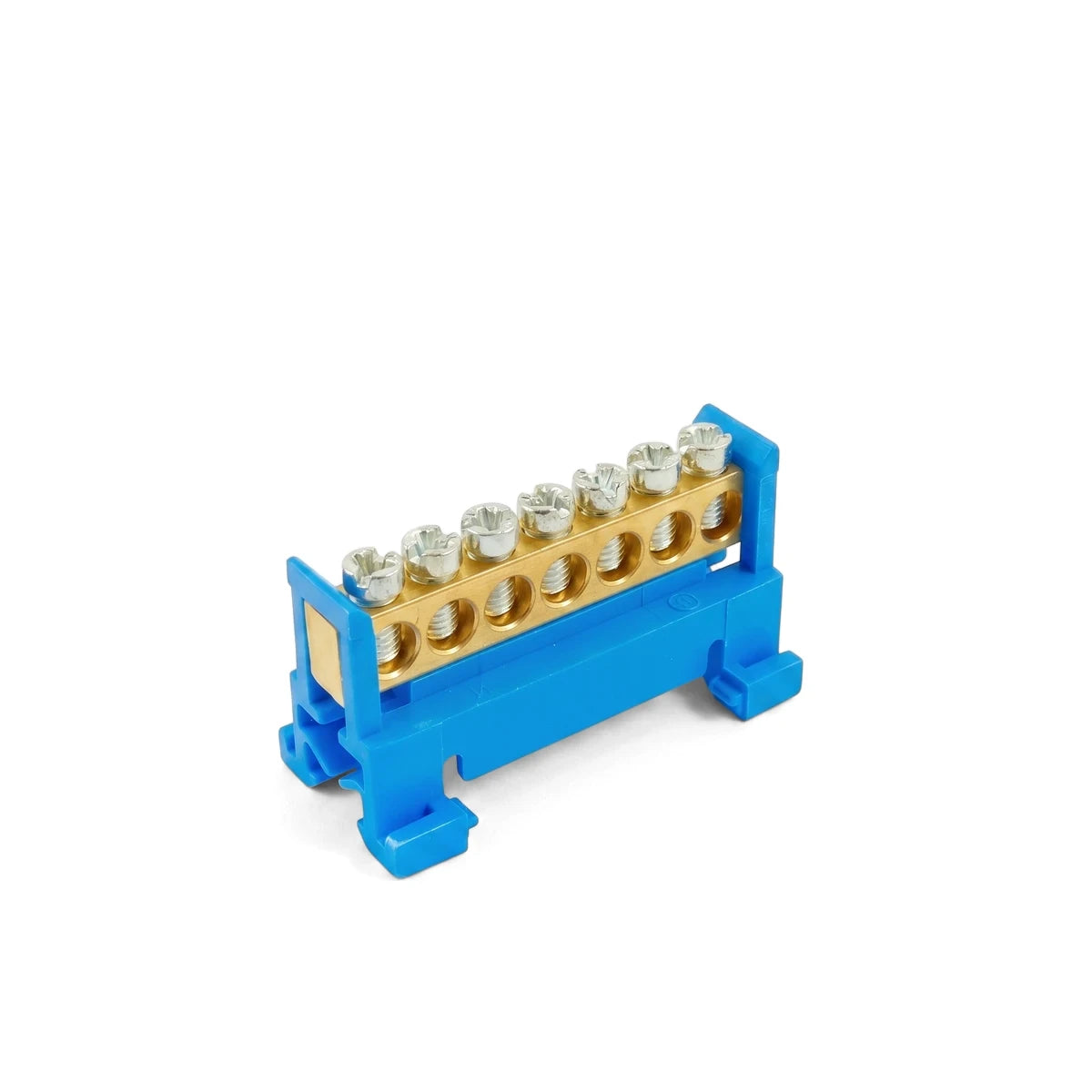 Blue 10-way Din mount neutral bar 7x16, an electrical component for wiring distribution with screw terminals.