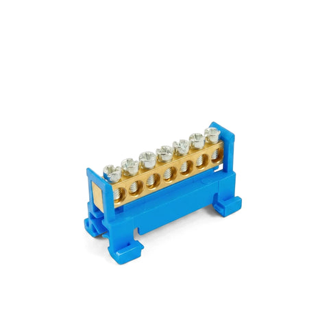Blue 10-way Din mount neutral bar 7x16, an electrical component for wiring distribution with screw terminals.