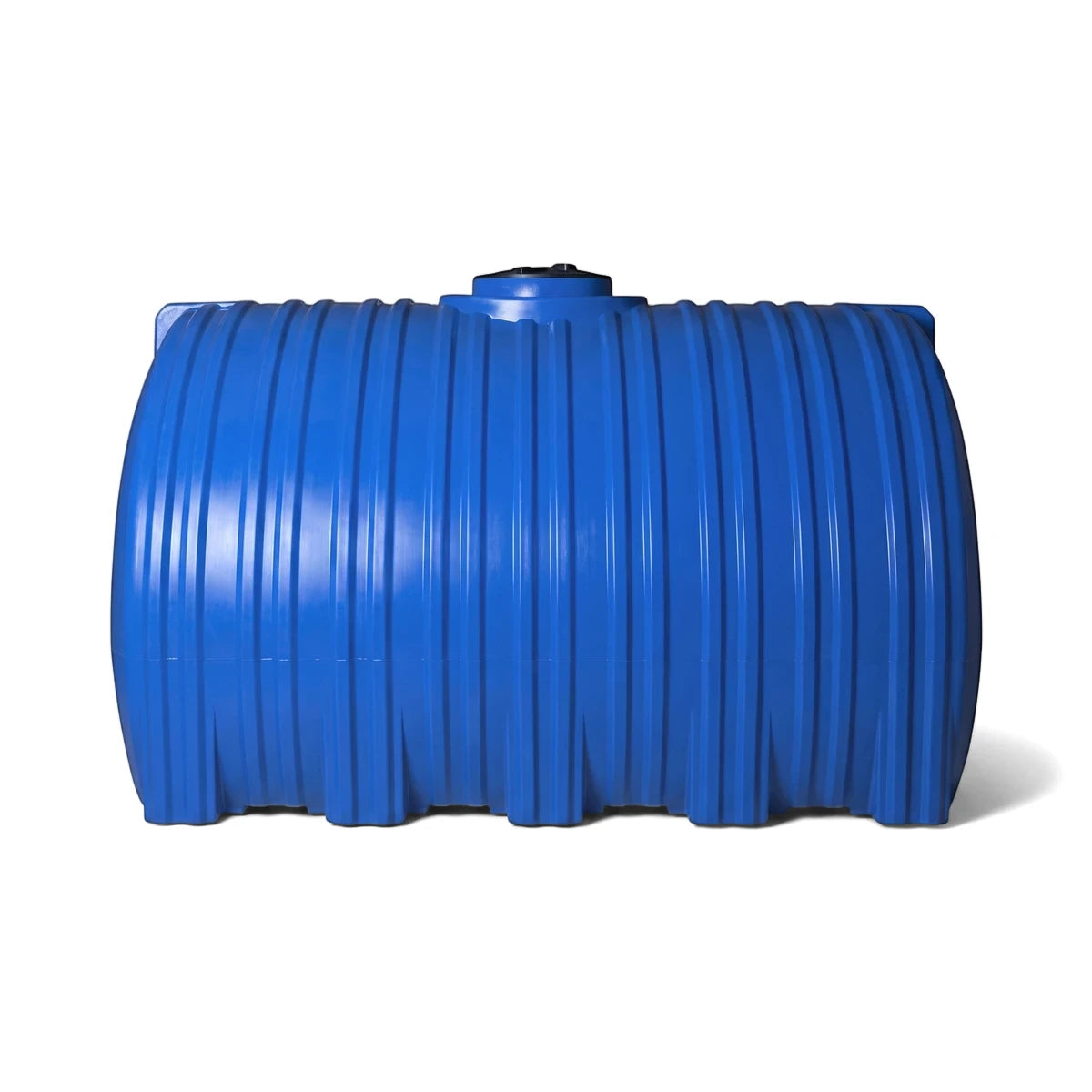 Blue 2500L PVC water tank, horizontally oriented, with a ribbed exterior, viewed from the front.