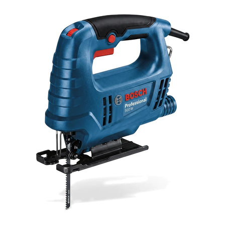 Blue Bosch Professional 500W electric jigsaw power tool, designed for precise cutting, shown at an angle.