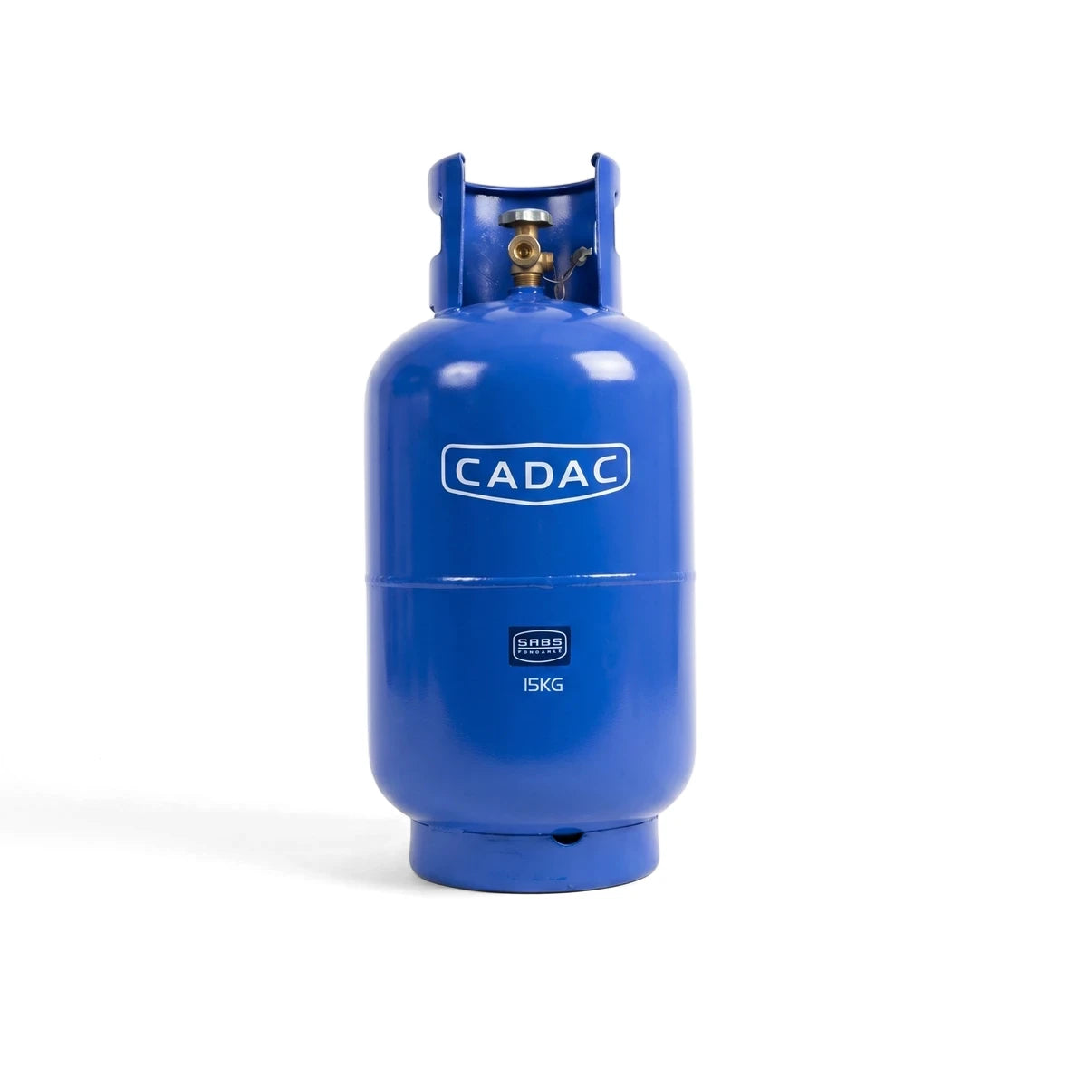 Blue CADAC 15kg LPG gas cylinder, upright and centered, shown with its valve and top handles clearly visible.