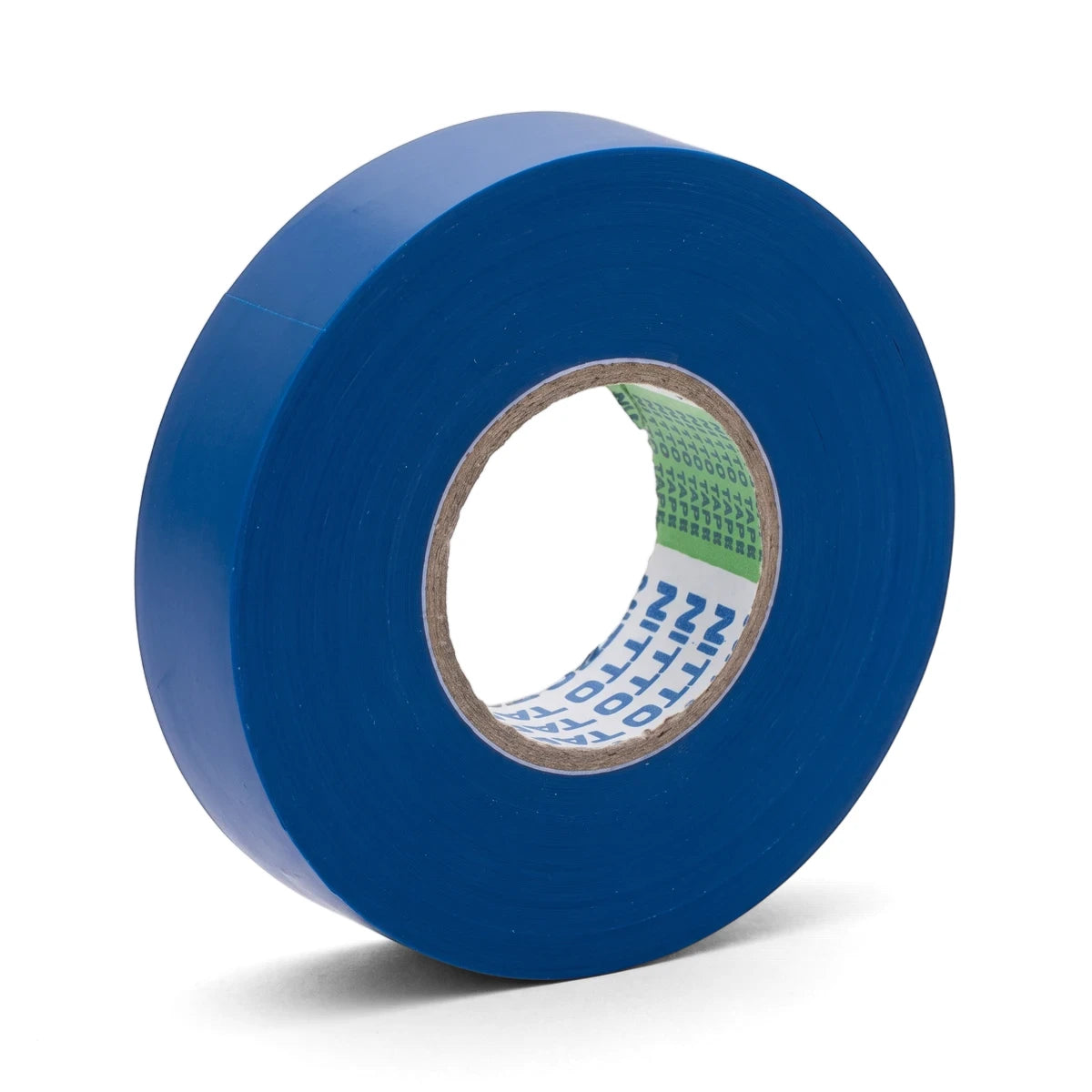 Single roll of vibrant blue electrical insulation tape, shown at an angle on a white background, highlighting its texture