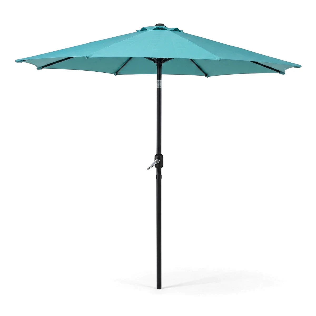 A vibrant blue outdoor patio umbrella with a black central pole, standing fully open against a white background, ready for