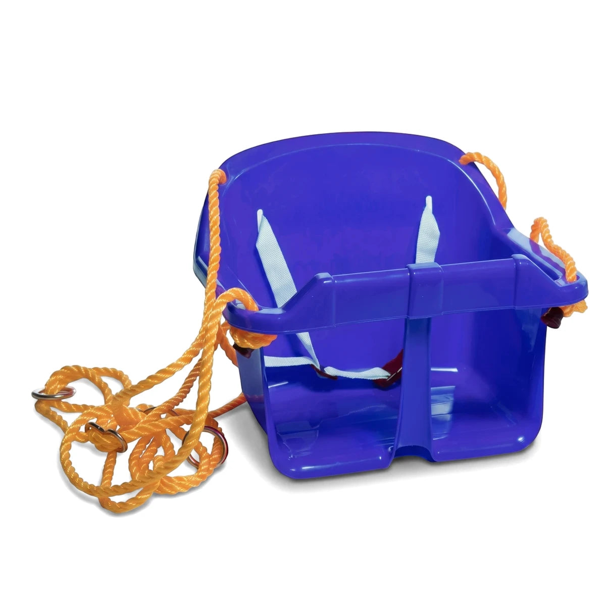 Blue plastic baby swing seat with a white safety harness and orange hanging ropes, designed for outdoor play.