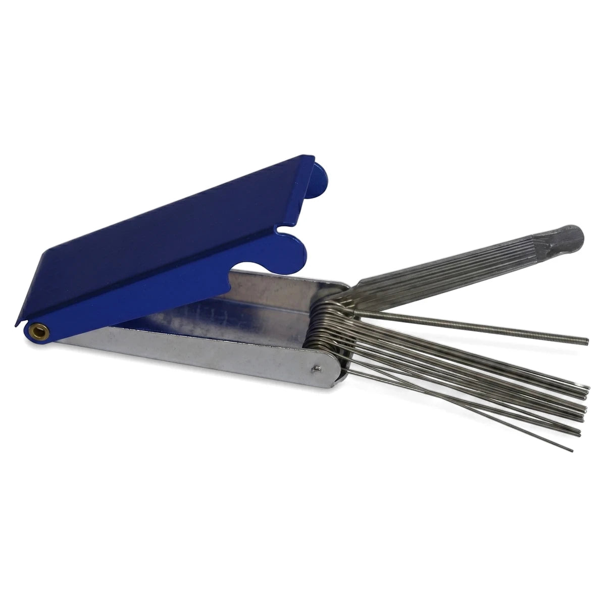 Blue plastic nozzle cleaner tool with fanned-out metal cleaning wires for precise maintenance and unclogging of nozzles.
