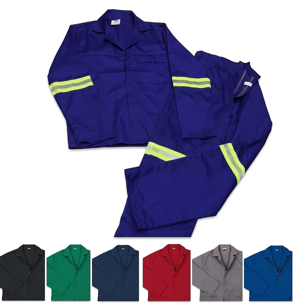 Blue poly cotton conti suit with reflective tape, displayed flat alongside multiple color swatch options including black,