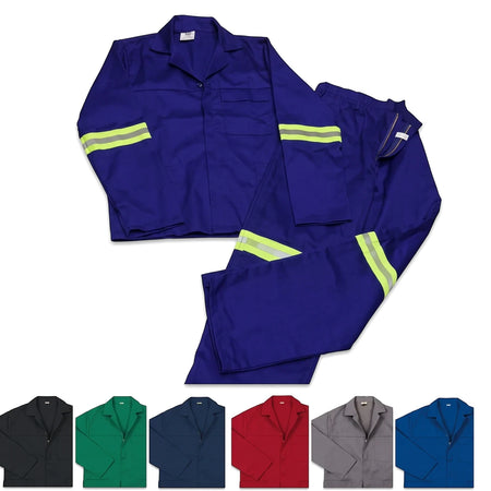 Blue poly cotton conti suit with reflective tape, displayed flat alongside multiple color swatch options including black,