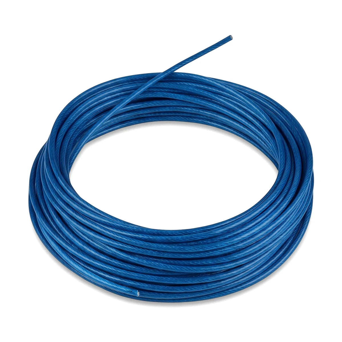 Coiled blue PVC coated steel cable, 3.2x4.8mm, for various ropes and hardware applications, displayed on a white background.