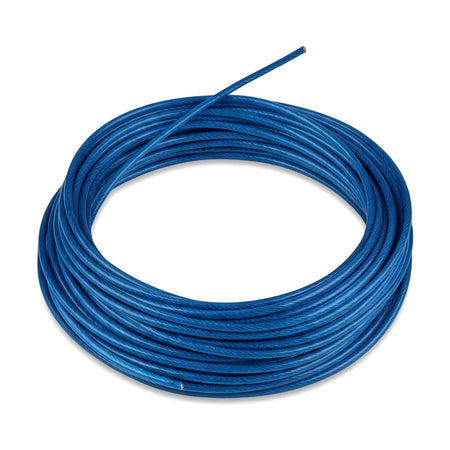 Coiled blue PVC coated steel cable, 3.2x4.8mm, for various ropes and hardware applications, displayed on a white background.
