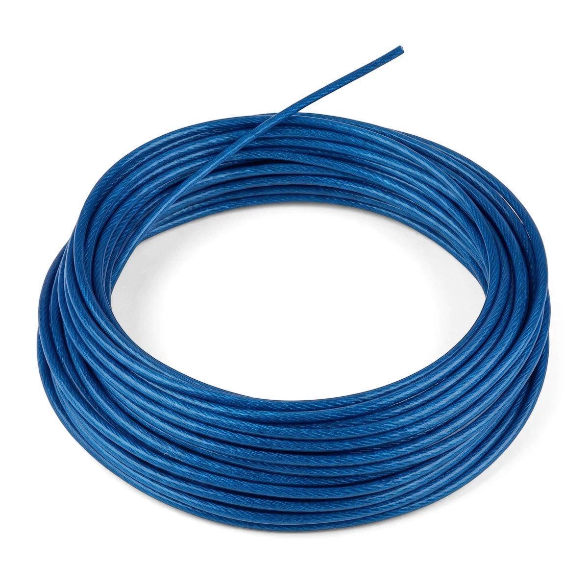 Blue PVC coated steel cable coil, 2.4x3.2mm, 25m length for ropes and hardware applications, isolated on a white background.