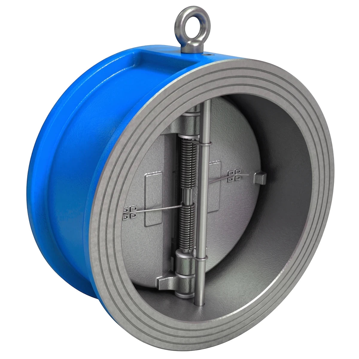 Blue and silver circular Non Return Swing FXF Valve, designed for fluid control, shown angled on a white background.